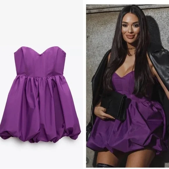 NWOT Zara Vibrant Purple Strapless Voluminous mini Dress - Picture 9 of 16